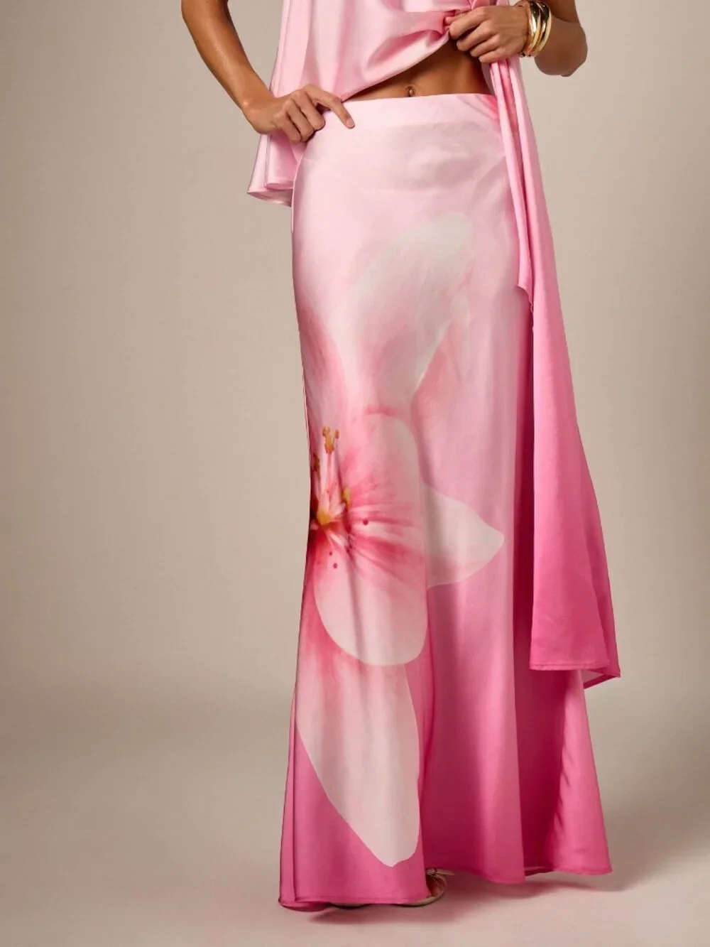 Pink Elegant Women's Ombre Satin Floral Print Maxi Skirt